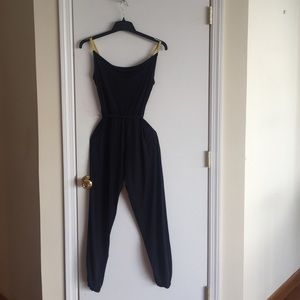 Kardashian Navy Blue Jumpsuit w Yellow Straps Sz S